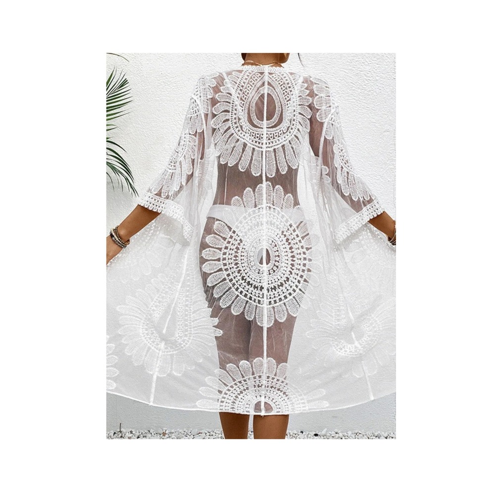 Boho White Floral Crochet Swim Cover Up Kimono Open Front Resort One Size NEW